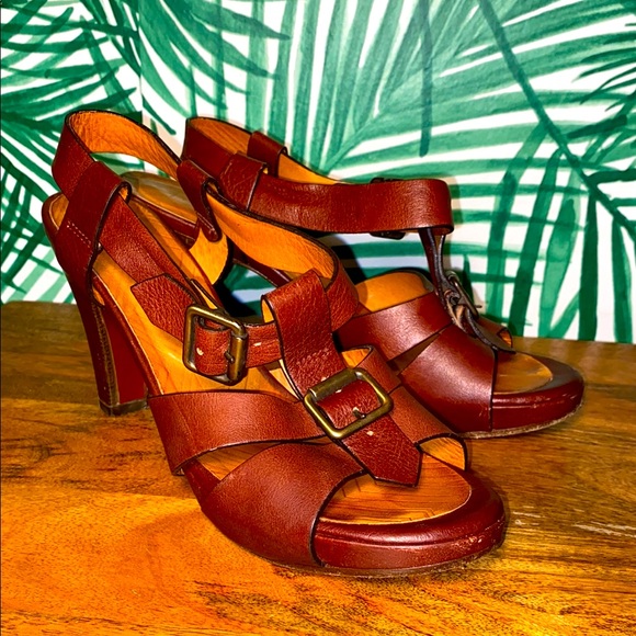 CHIE MIHARA Brown Leather Buckled Heels 37.5/7.5 - Picture 1 of 7